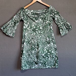 H&M Green & White Floral Off the Shoulder Bell Sleeve Cotton Dress Size 6